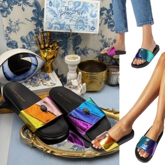 🆕 KURT GEIGER LONDON 🧿 NWOT Meena Eagle Metallic Pool Slide - Size 40 US 9 - Picture 1 of 13